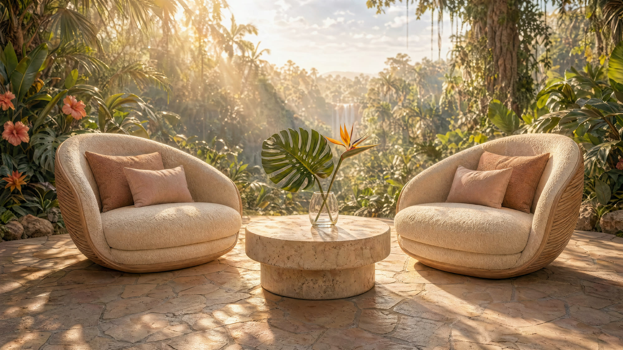 Two cream chairs and a stone table